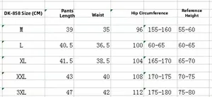 Detailed size chart for men's running shorts showing length, waist, and hip measurements