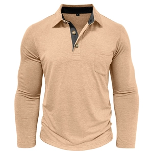 Detail of khaki men's long sleeve polo shirt with black contrast collar and pocket