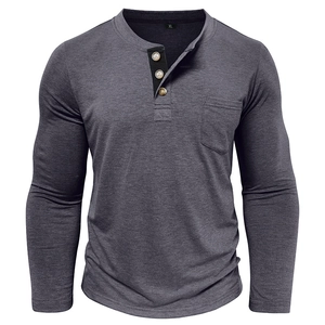 Detail view of Men's long sleeve Henley shirt featuring three buttons and a chest pocket