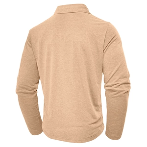 Rear view of beige men's long-sleeve polo shirt with fine knit texture and turnover collar