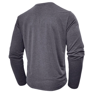 Detailed back view of casual grey long sleeve Henley shirt with clean stitching and hem