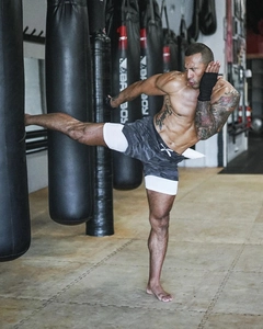 Men's camo running shorts with double-layer design for kickboxing and gym fitness