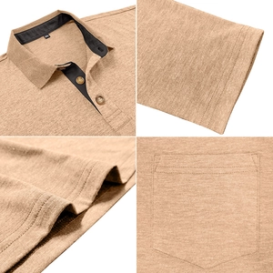 Detail view of khaki polo shirt collar, pocket, and stitching on cotton knit fabric