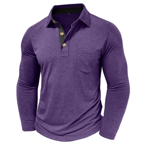 Detail of purple long sleeve Polo shirt featuring front pocket and three-button neckline