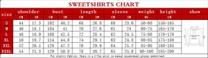 Size chart for oversized zip hoodie showing measurements for shoulder chest and length