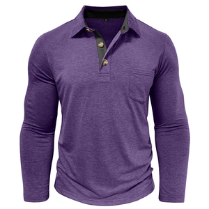 Close-up of purple long sleeve Polo shirt showing chest pocket and knit texture