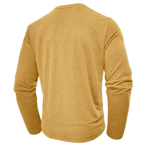 Rear view of long sleeve mustard yellow Henley shirt showing textured knit fabric detail