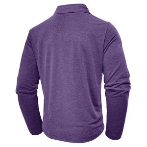 Rear view of deep purple long sleeve polo shirt showing premium textured fabric detail