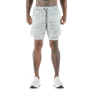 Close-up of men's running shorts featuring light grey camo pattern and built-in liner
