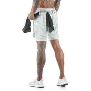 Detail of men's double-layer running shorts with camouflage pattern and back towel loop