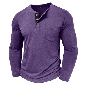 Close-up of purple Henley shirt showing wood buttons, black placket, and chest pocket detail