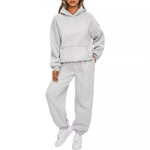 Women's grey 2-piece oversized hoodie and matching jogger pants tracksuit set for autumn