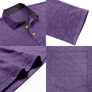 Detail view of burgundy polo shirt showing knit texture, chest pocket, and wooden buttons