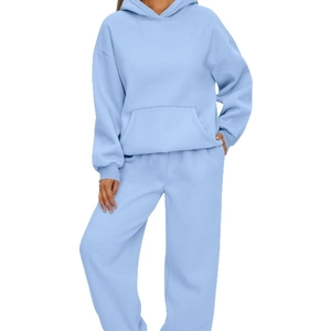 Women oversized light blue two-piece fleece hoodie and wide-leg jogger sweatpants set