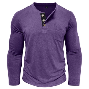 Close-up of a purple Henley shirt showing the three-button neckline and chest pocket