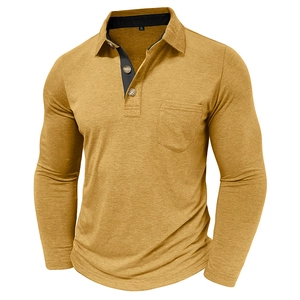 Detail of mustard yellow long sleeve polo shirt with black contrast collar and chest pocket