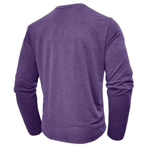 Detailed back view of purple long sleeve Henley t-shirt in slim fit stretch fabric