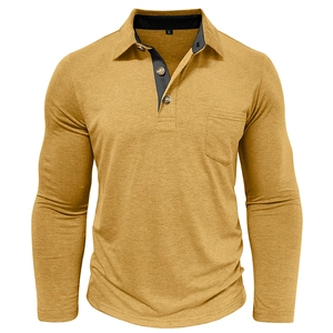 Detailed view of mustard yellow long sleeve polo shirt featuring breast pocket and buttoned collar
