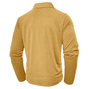 Back view of mustard yellow long sleeve polo shirt showing fine knit texture and seams