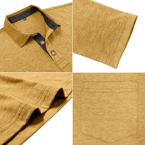 Detail view of mustard polo shirt showing ribbed collar, chest pocket and knit texture