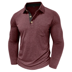 Detail of burgundy heathered polo shirt with contrast black collar and chest pocket