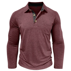 Detail of dark red long-sleeve polo shirt showing chest pocket and contrast collar button