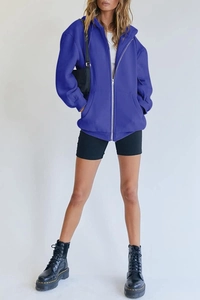 Oversized royal blue zip-up hoodie for women with drop shoulders and large kangaroo pocket