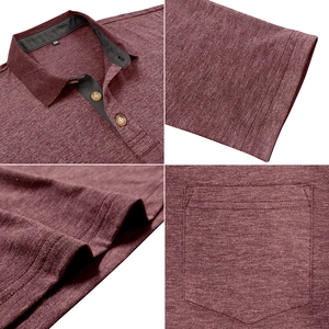 Detailed views of burgundy polo shirt with chest pocket, wooden buttons and collar texture