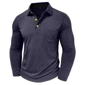 Detail of navy blue long sleeve polo shirt with textured fabric, wood buttons and chest pocket