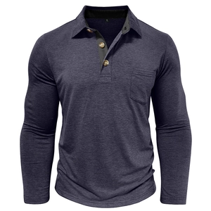 Detail view of heather grey long sleeve polo shirt featuring three buttons and chest pocket