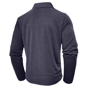 Rear view of men's dark gray long-sleeve polo shirt showing knit fabric texture