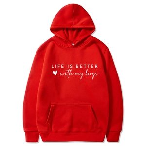 Red Life is Better with My Boys hoodie with kangaroo pocket and white graphic print