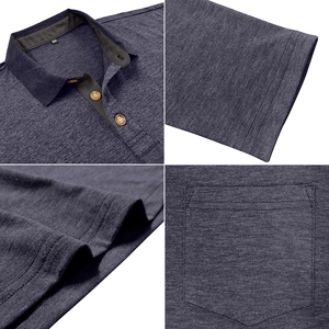 Macro detail of dark grey polo shirt showing XXL label, fabric texture and wood buttons