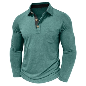 Detail view of long sleeve polo shirt featuring wood-style buttons and contrast inner collar