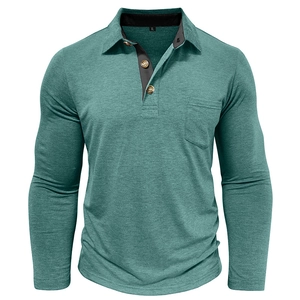 Close-up of men's long sleeve polo shirt featuring grey-green knit fabric and breast pocket