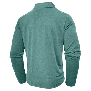 Close-up back view of dark teal long sleeve polo shirt with premium textured fabric