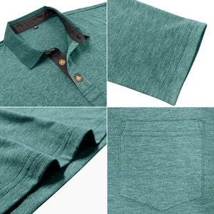 Detail view of grass green polo shirt with dark brown collar and knitted texture