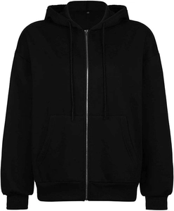 Detail of black zip-up hoodie featuring adjustable drawstring hood and ribbed cuffs