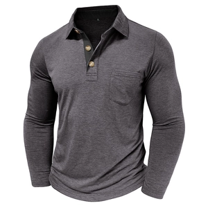 Detail of grey long sleeve Polo shirt showing chest pocket and size XL collar label