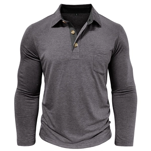 Detail of grey knitted long sleeve polo shirt with chest pocket and wood buttons