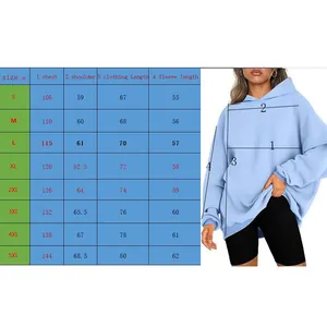 Size chart for fleece hoodie from S to 5XL with detailed measurements in centimeters