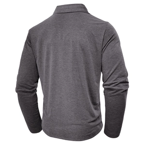 Detailed back view of men's dark grey long-sleeved polo shirt with fine knit texture