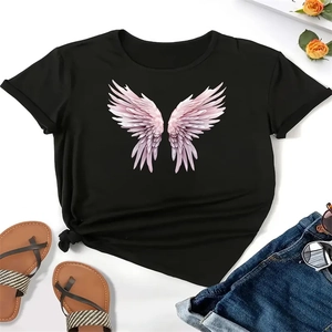 T-shirt nera a girocollo con stampa ali d'angelo rosa e dettaglio con nodo laterale