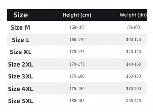 Size chart for cotton long sleeve t-shirt showing height and weight recommendations