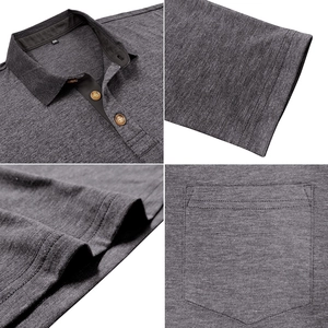 Detailed views of charcoal heather polo shirt collar, wooden buttons, and chest pocket