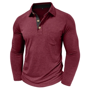 Detail of burgundy long sleeve polo shirt showing chest pocket and triple button placket