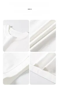 Detailed views of white cotton T-shirt neckline, fabric texture, and hem stitching quality