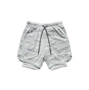 Detail of grey camouflage running shorts with mesh fabric and white compression liner