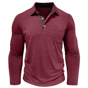 Close-up of wine red long sleeve polo shirt showing collar, three buttons, and chest pocket