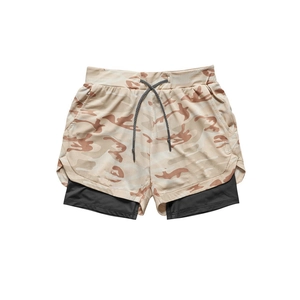 Men's 2-in-1 camouflage running shorts with breathable mesh and black compression liner